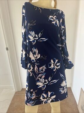 Eliza J Navy Floral Midi Dress with Pink & White Blooms